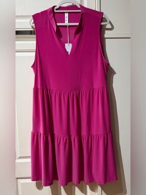 Sleeveless V-Neck Tiered Midi Dress - Fuchsia